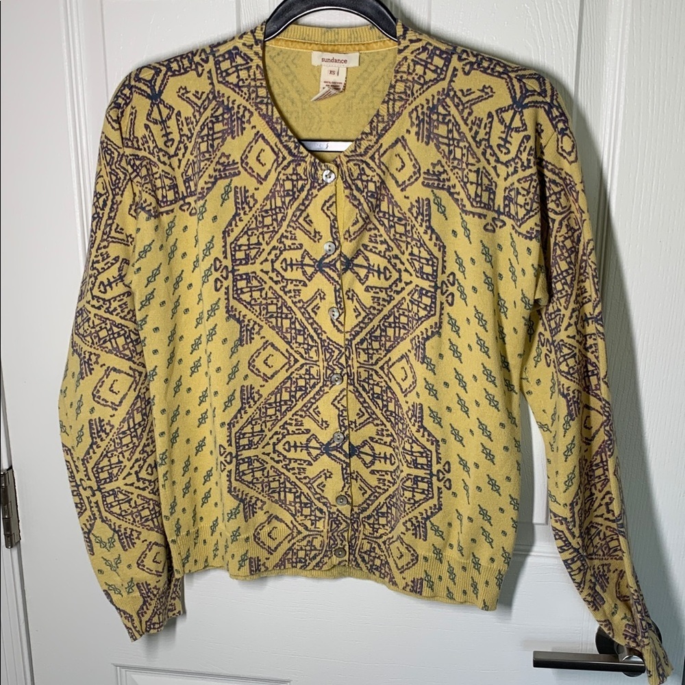 Sundance yellow and blue boho print cotton cardigan size XS